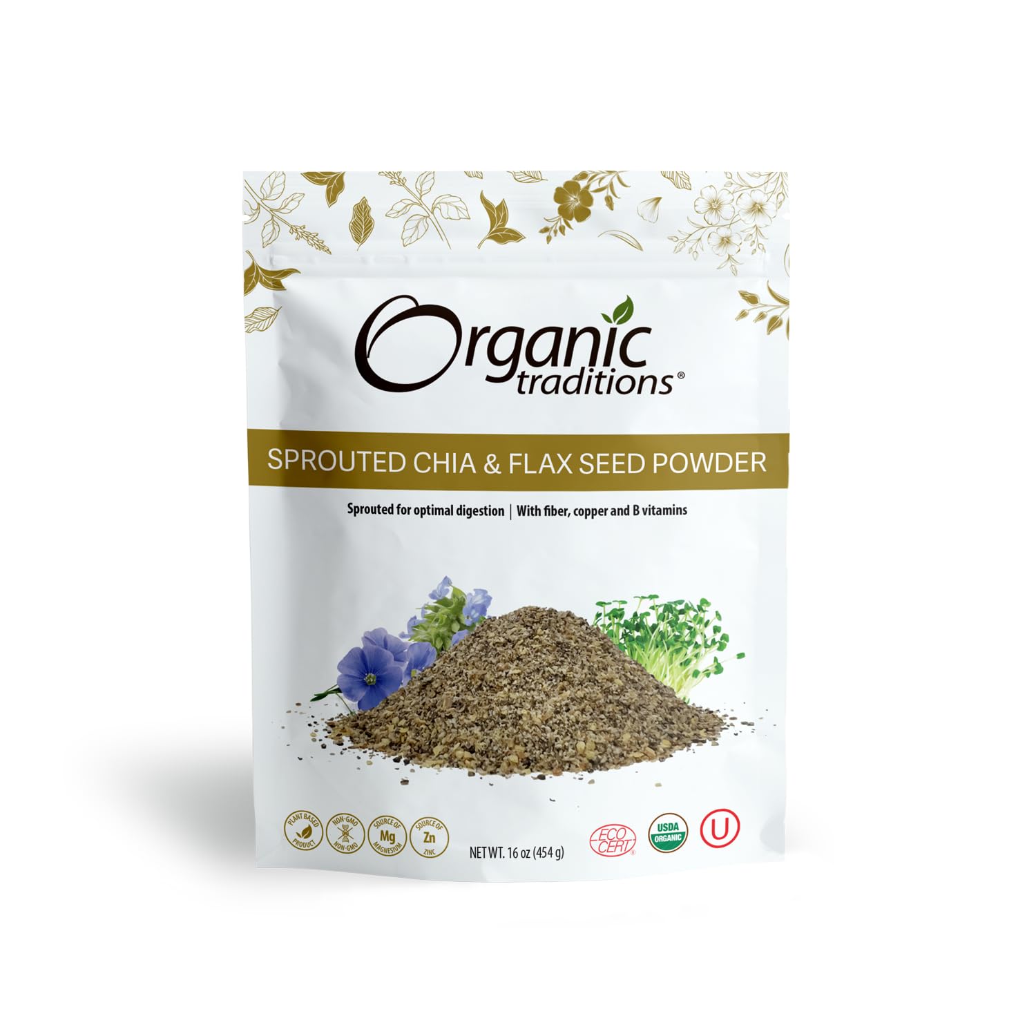 Certified Organic Sprouted Chia and Flax Seed Powder for Plant Based Non-GMO Superfood 454g/16oz Bag
| Organic Traditio
